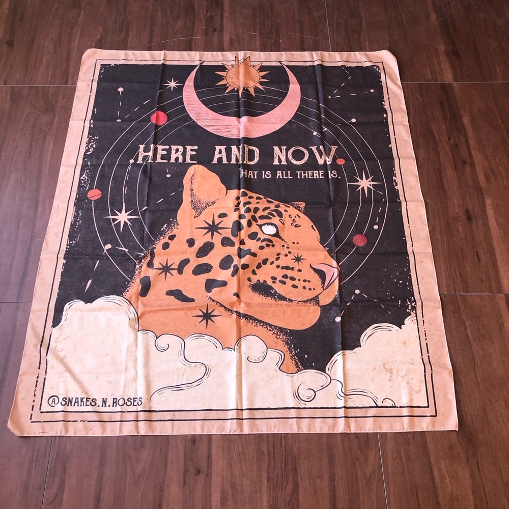 Cosmic printed tapestry with leopard clouds sun moon and stars